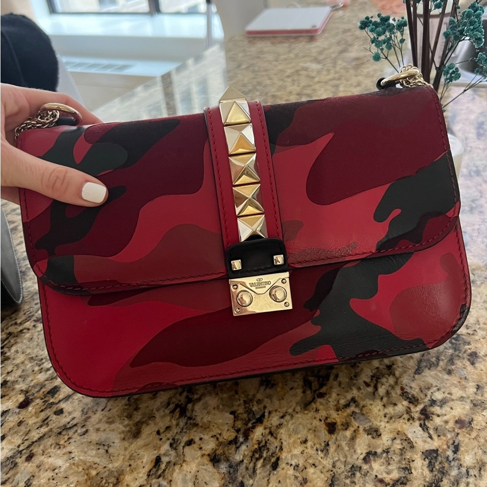 Valentino Garavani Glam Lock Shoulder Bag Camo Leather and Canvas Medium